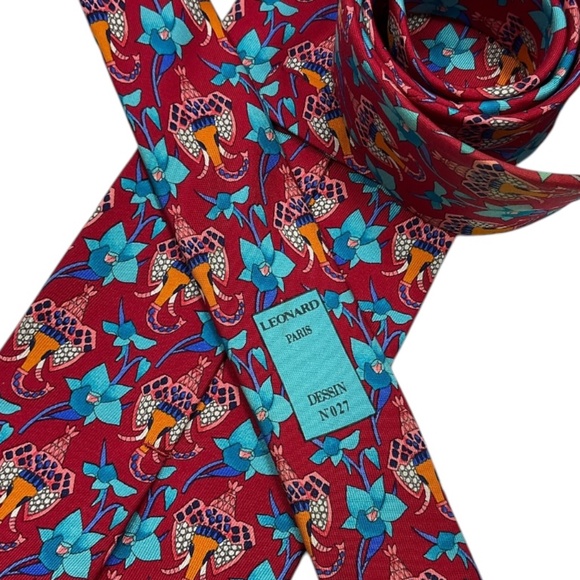 LEONARD Red/Blue Floral Art Silk LUXURY Tie ITALY - Picture 4 of 8